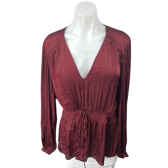 Mango MNG Maroon Red Silky Satin Long Sleeve V-Neck Peplum Blouse Top Size 16 - Picture 1 of 4